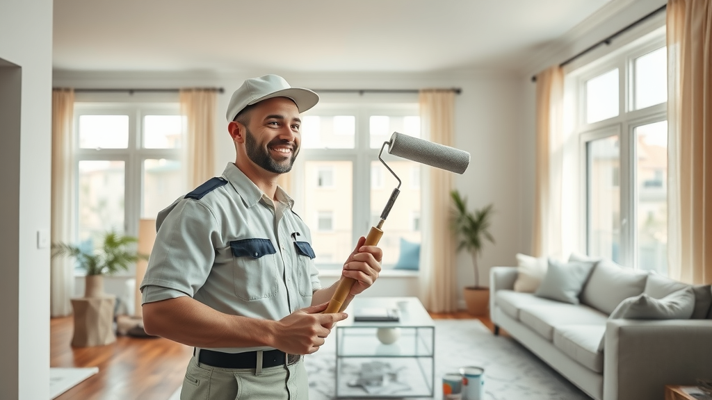 Residential painting expert refreshing living room with professional technique