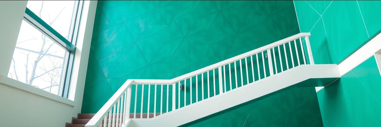 Modern commercial stairwell with geometric painted wall in Chesterfield.