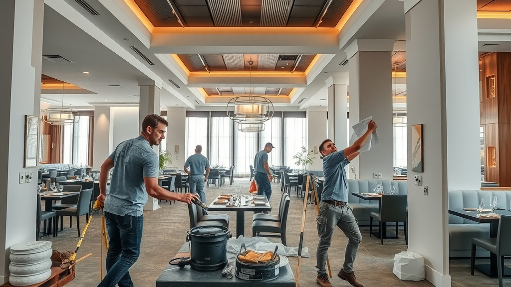 Chesterfield painting crew prepping modern restaurant, ensuring commercial painting success