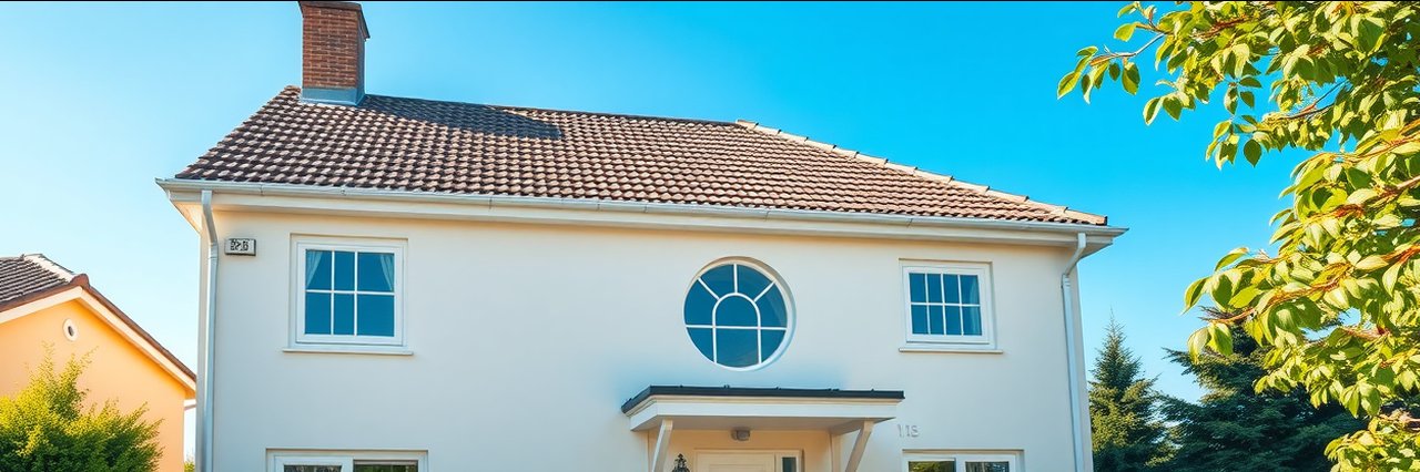 Freshly painted house exterior with commercial domestic painting promotional overlay