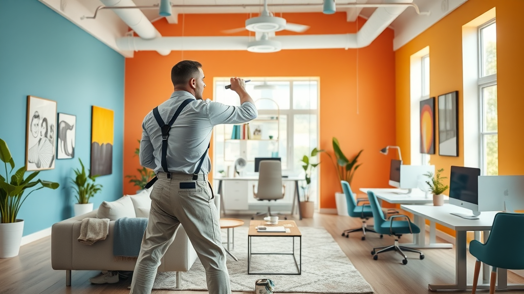 Expert painter adds colour to modern living room and office, commercial domestic painting tips.