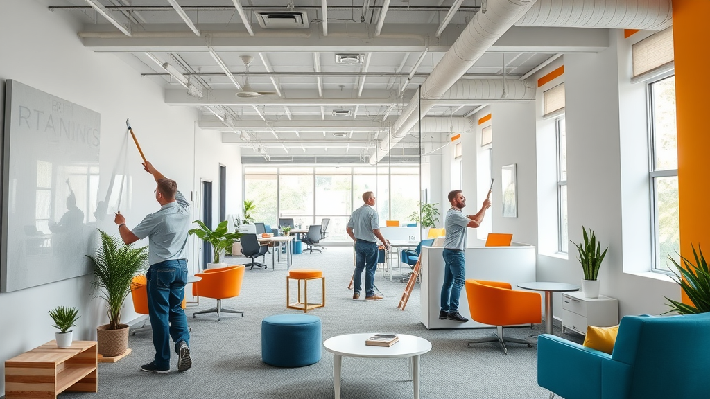 Team transforms business office with fresh paint, commercial domestic painting example.