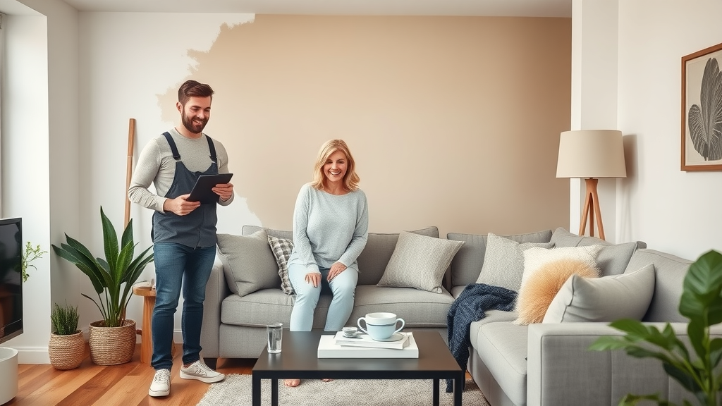 Happy family views new lounge wall, success of commercial domestic painting project.