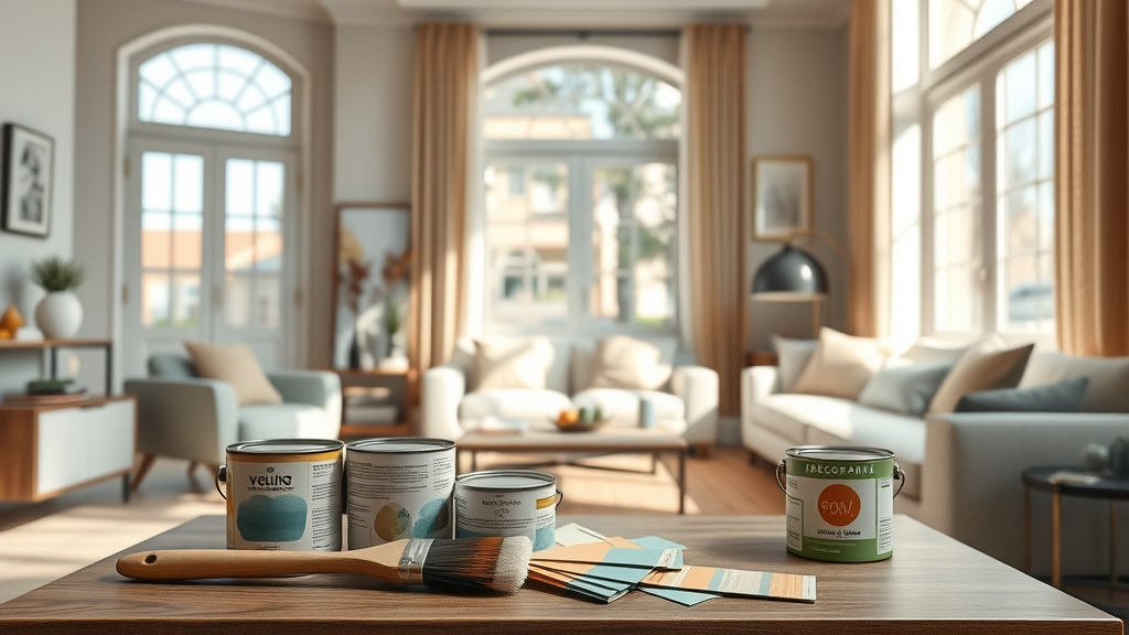 Decorating paint products on table in sunny modern living room setting