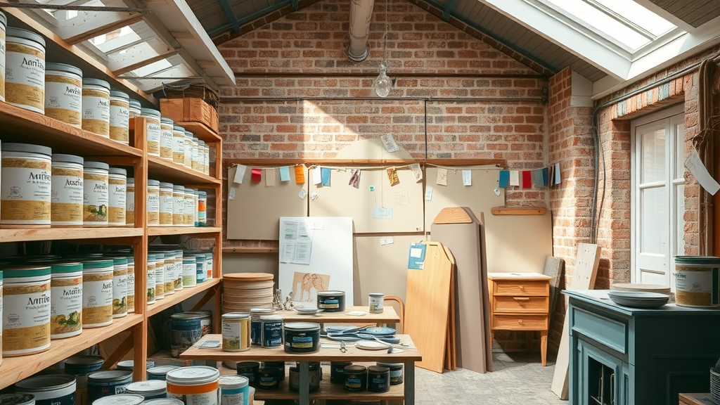 Shelves with eco-friendly decorating paint products in creative workshop