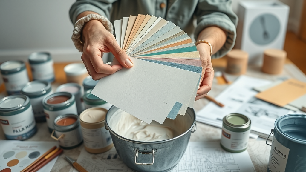 Designer mixing custom decorating paint products for home wall palette