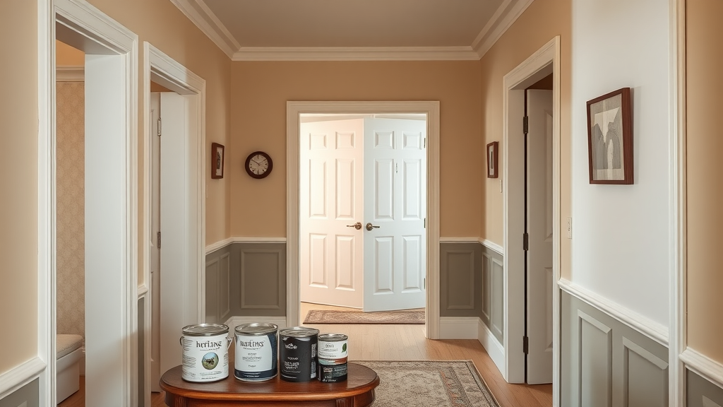 Hallway with harmonious decorating paint product finishes and swatches