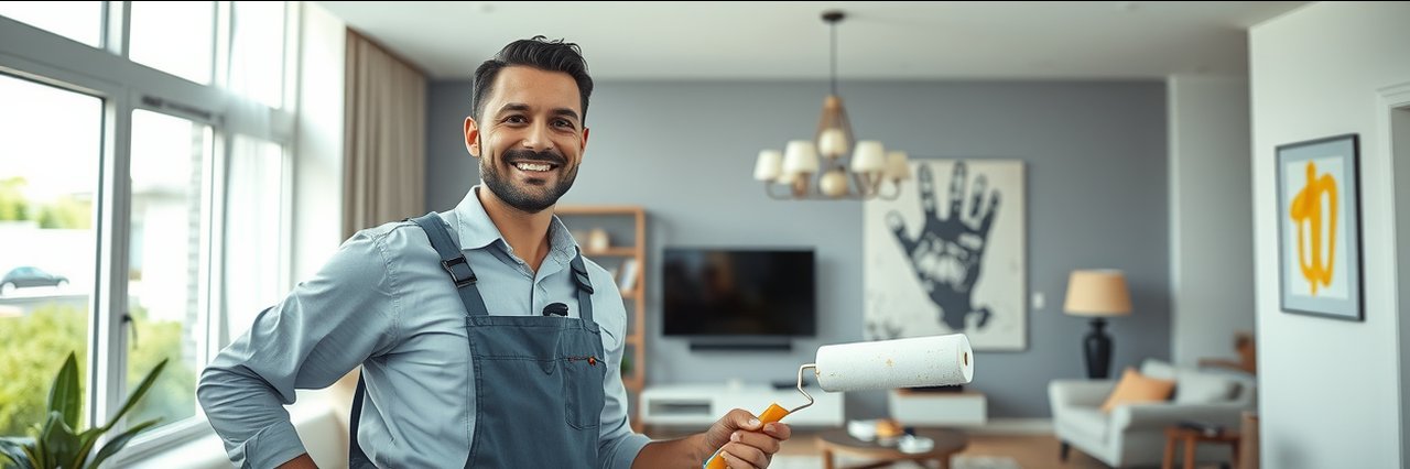Professional painting services depicted by a painter working in a modern home interior.