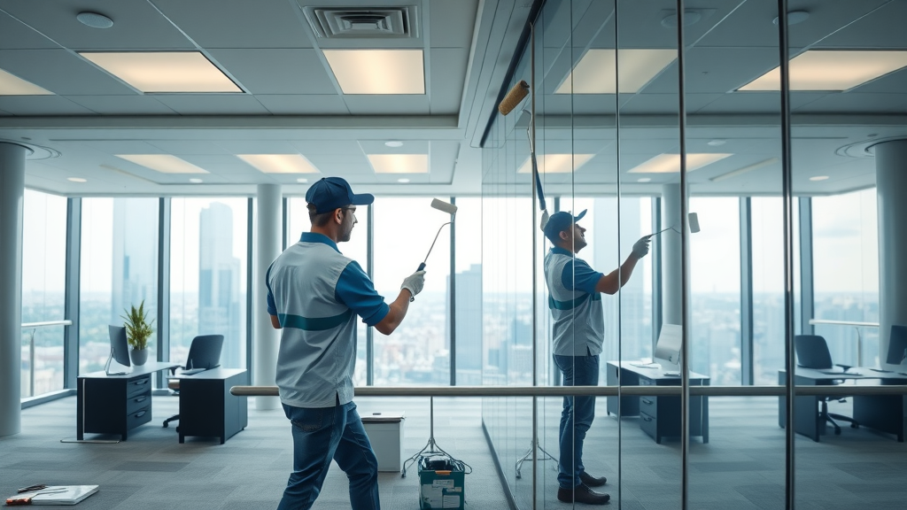 Skilled painters delivering professional painting services in sleek office interior