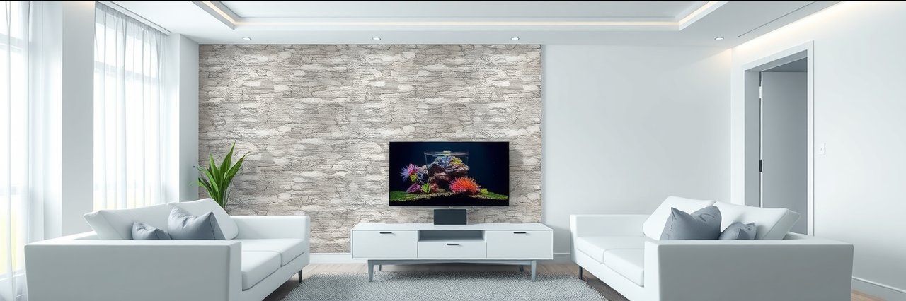 Room with clean walls and feature stone wallpaper by a qualified painter decorator.