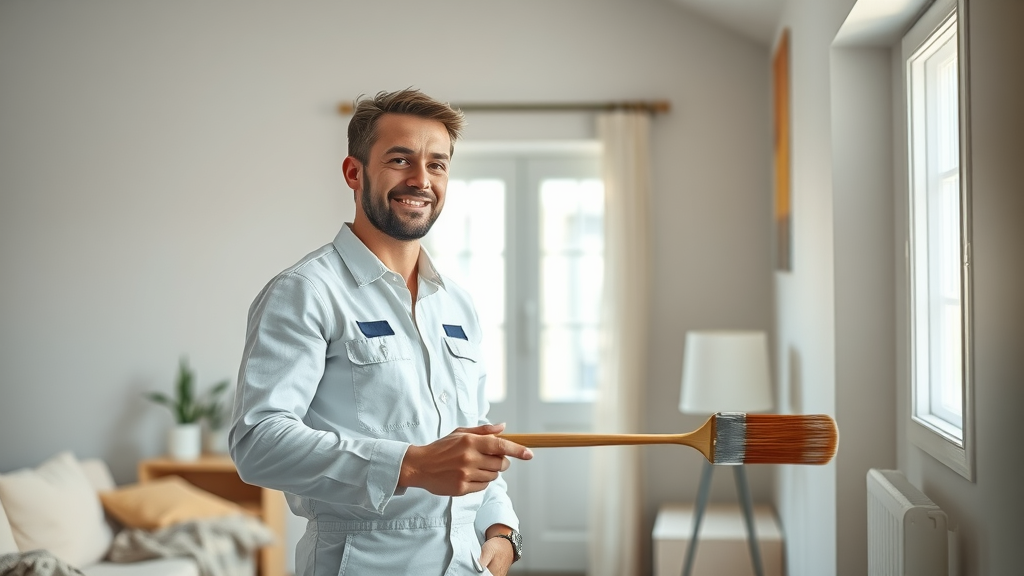 Qualified painter decorator perfecting a room with precise brushwork in natural light.