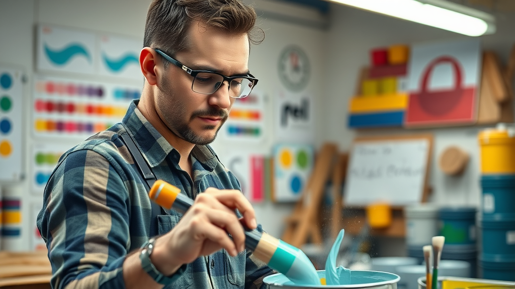 Qualified painter decorator mixing paints in a professional workshop, vivid colors.