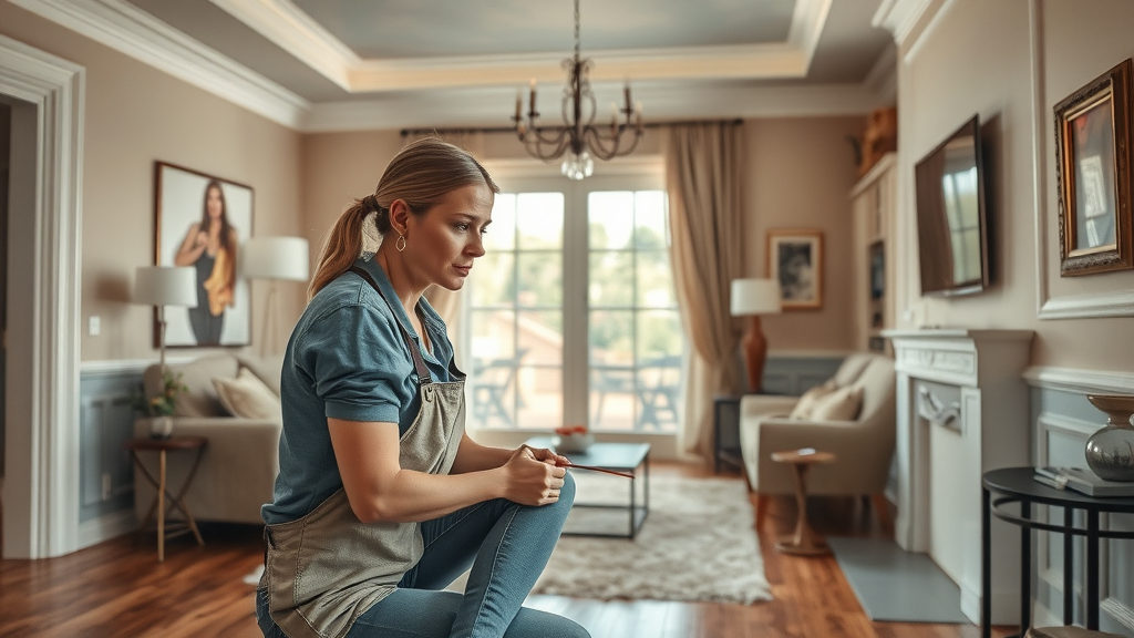 Qualified painter decorator preparing living room for painting with expert care.