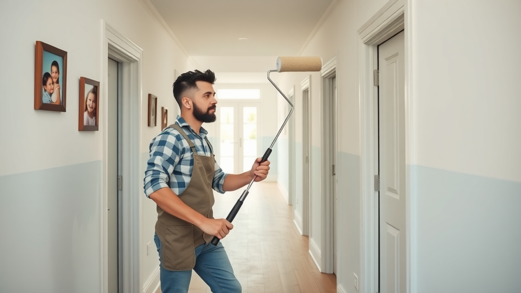 Qualified painter decorator using a roller in a bright hallway for flawless finish.