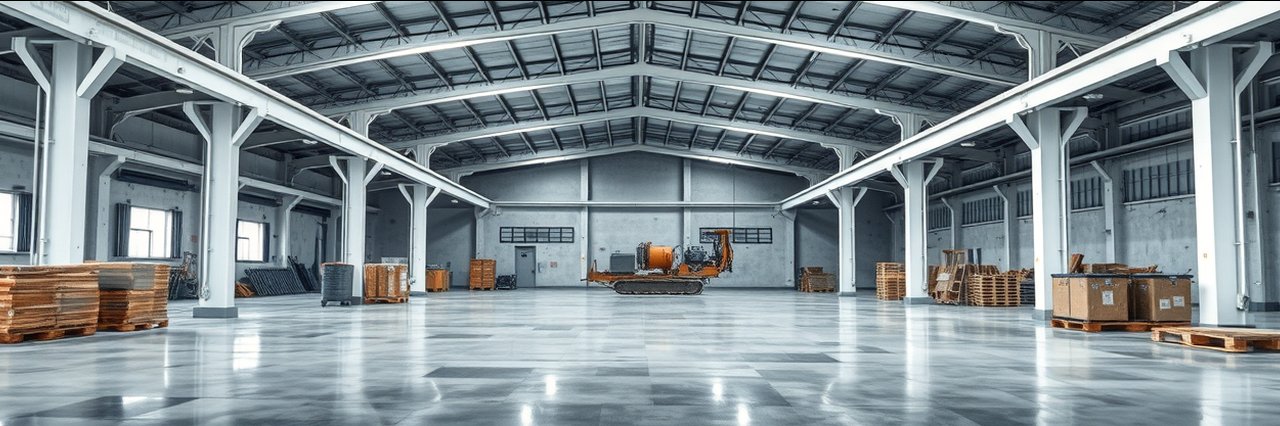 Dustless concrete grinding in a spacious, clean industrial warehouse with polished floors.