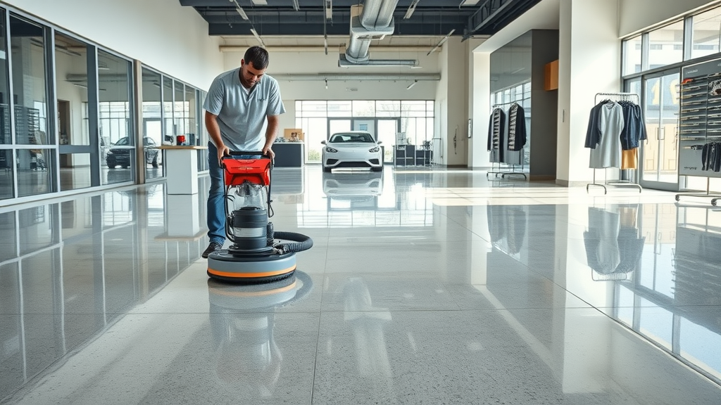 Dustless concrete grinding for clean floors in a retail space without airborne dust.