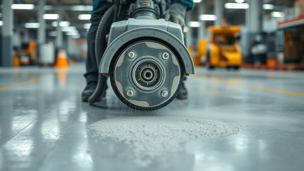 Low-angle view of dustless concrete grinding creating clean, clear industrial floors.