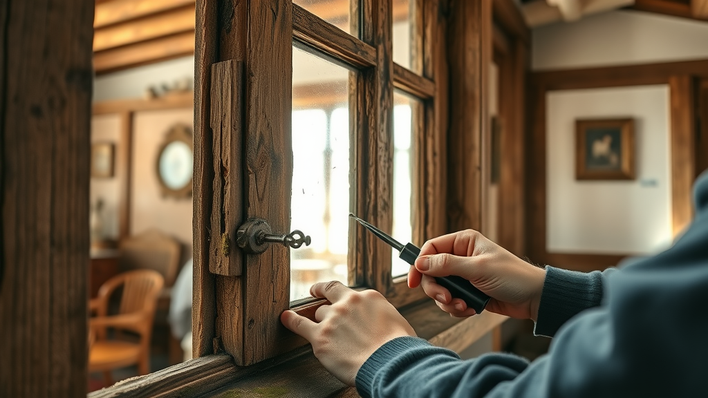 Timber restoration repairs on antique window frame with skilled hands at work