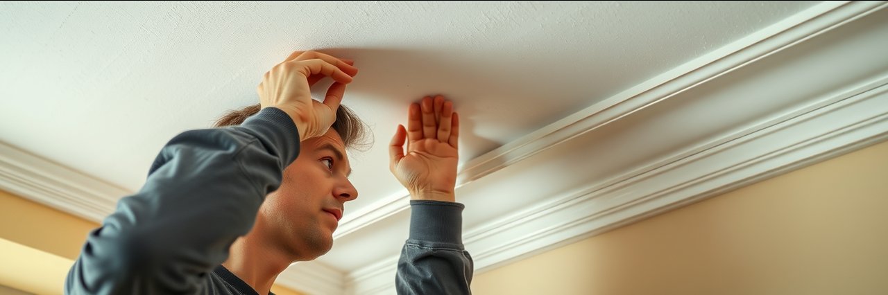 Gyproc coving specialist installing plaster coving on ceiling edge, detailed view