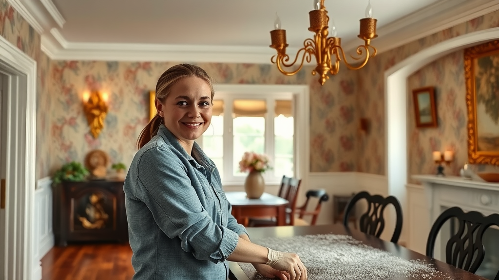 Gyproc coving specialist fitting decorative coving in a classic period-style dining room