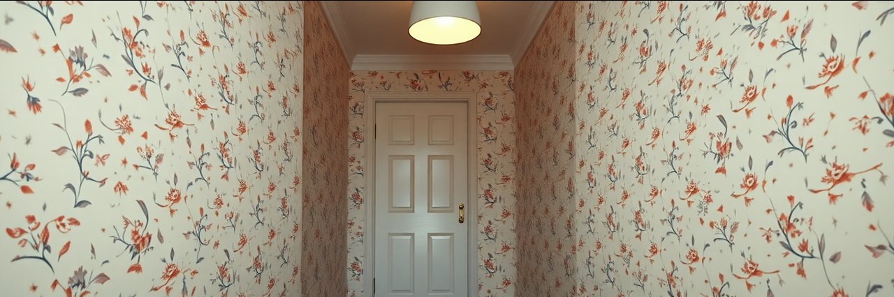 Narrow hallway with floral wallpaper and soft lighting before decorative coving installation