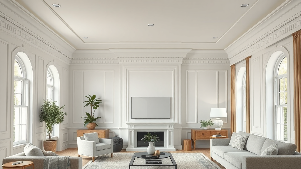 Elegant living room featuring expertly installed decorative coving and modern decor.