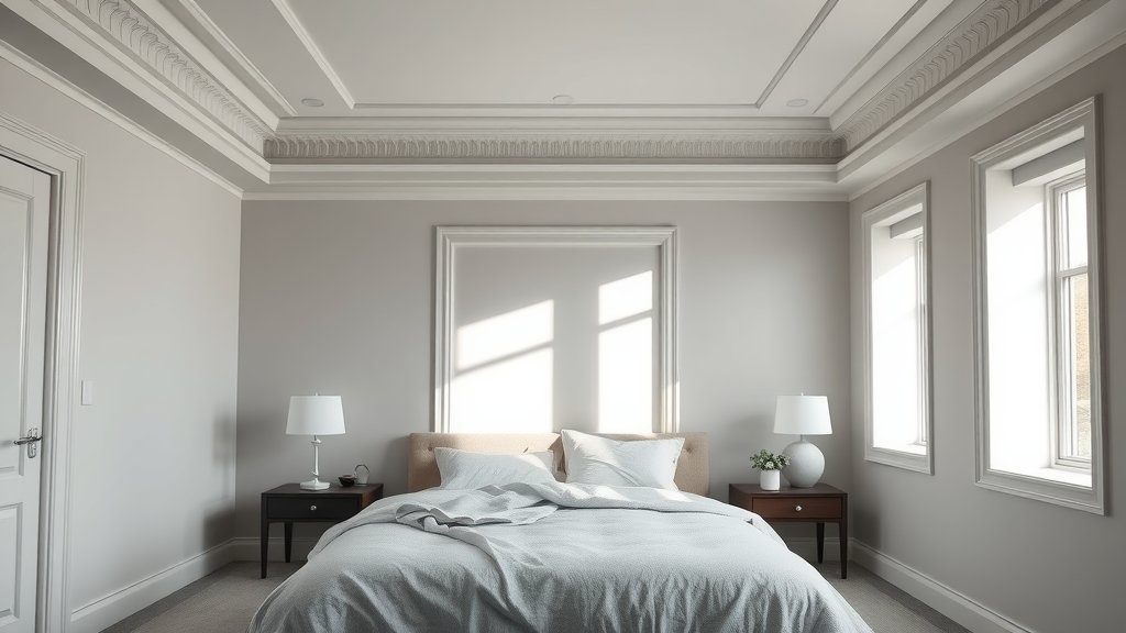 Modern bedroom highlighted by clean decorative coving installation and serene ambiance.