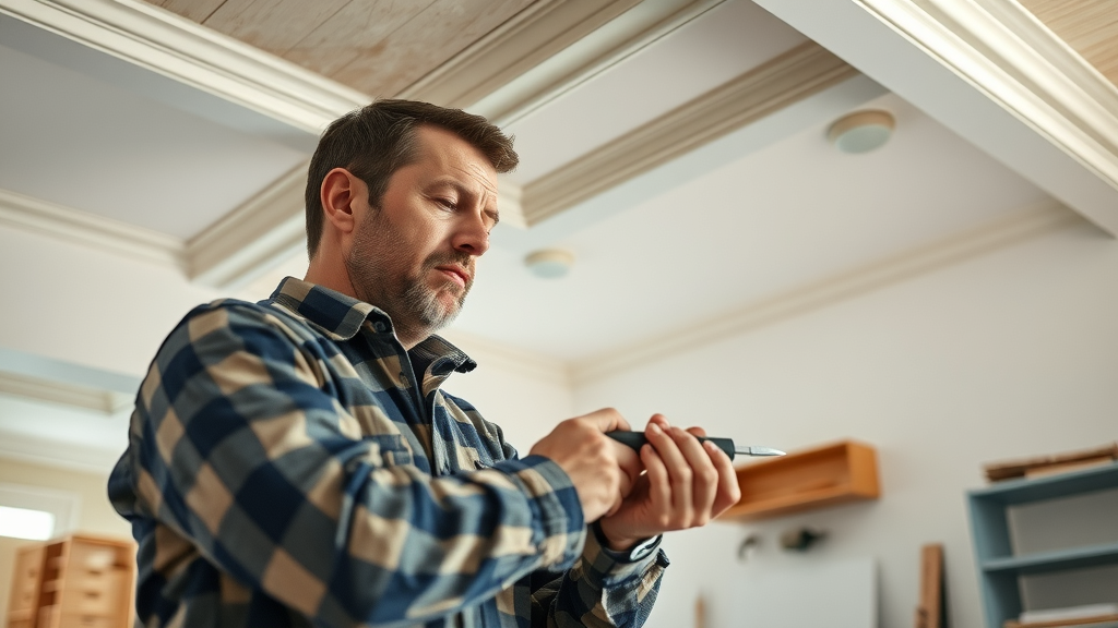 Decorator expertly installing decorative coving with precision and attention to detail.