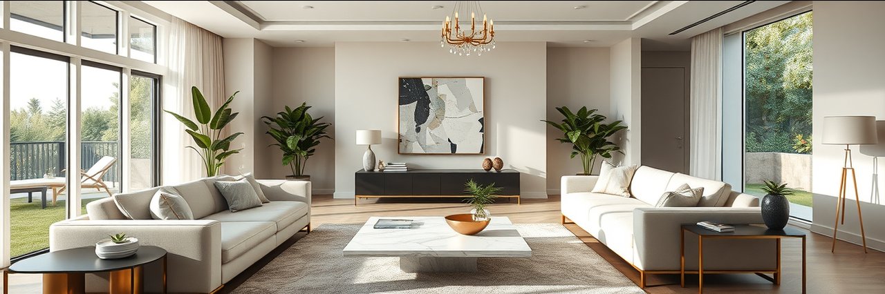 Modern living room featuring professional interior decorating, designer décor, and natural lighting.