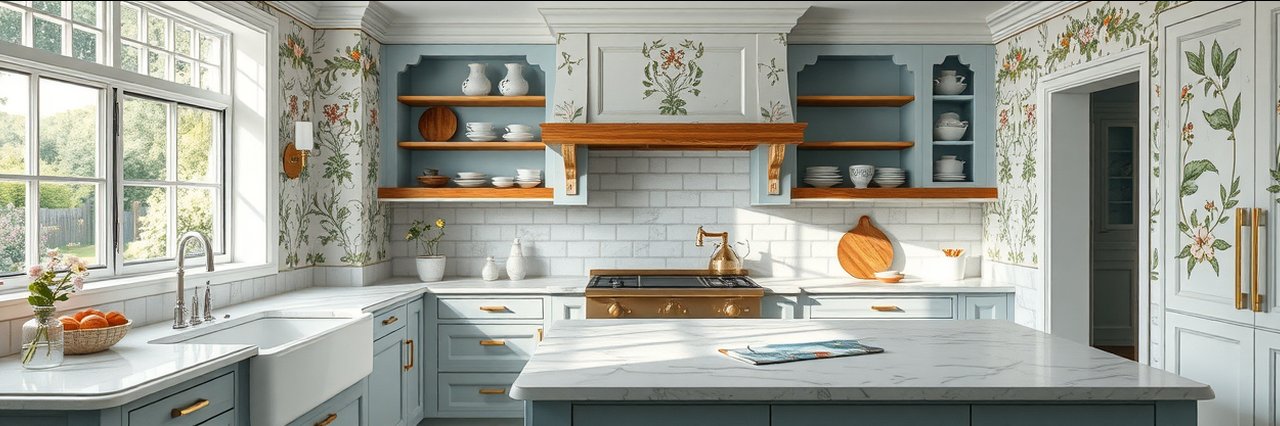 Elegant hand painted kitchens with bespoke floral cabinetry and bright natural lighting.
