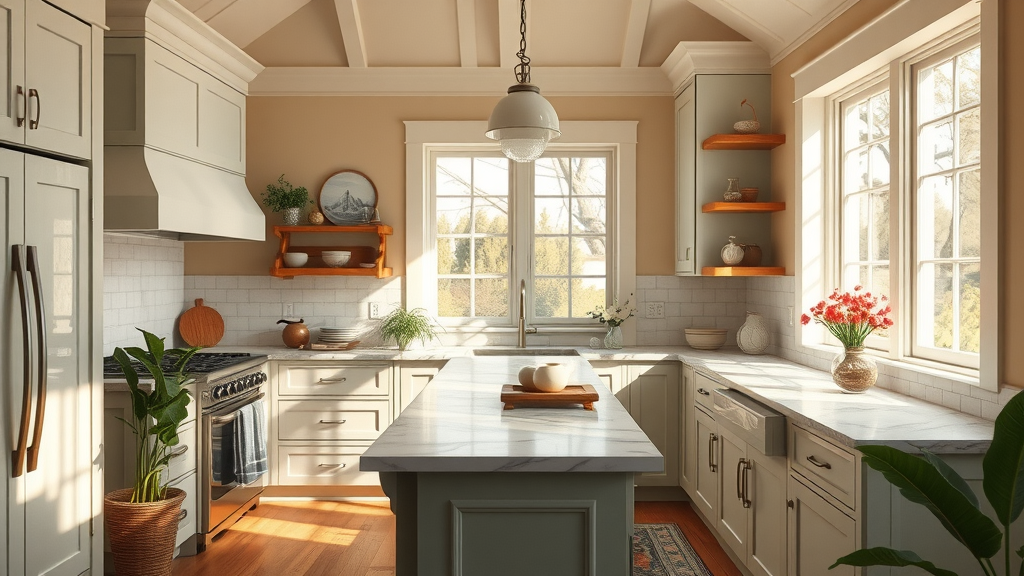Hand painted kitchens with artisan cabinets and bespoke colors in sunlit home