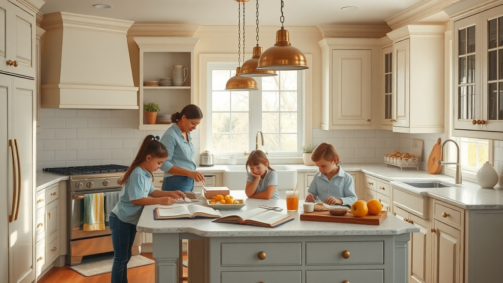Hand painted kitchen with family enjoying bespoke cabinets and classic design